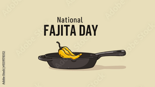 Minimal Vector Illustration of Yellow Pepper in Skillet for National Fajita Day Celebration Banner