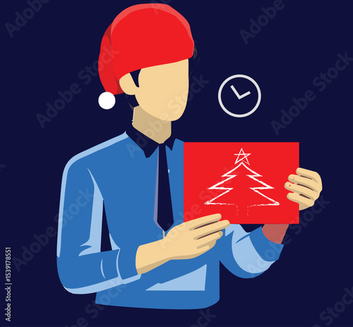 A cheerful corporate man holds up a festive or sale placard, wearing a Christmas cap , blending professional spirit with holiday cheer in a seasonal office setting.