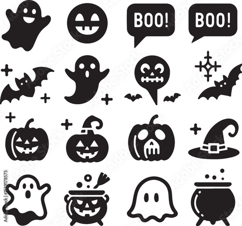 Cute and Spooky Boo Halloween Icons – Line Art in Monochrome
