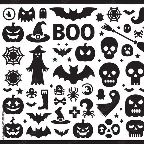 Halloween Themed Boo Icons – Vector Style on White Background

