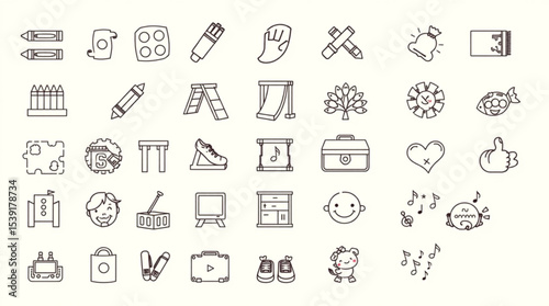 Collection of line art icons featuring school supplies, toys, and various everyday objects in a grid layout created with generated ai