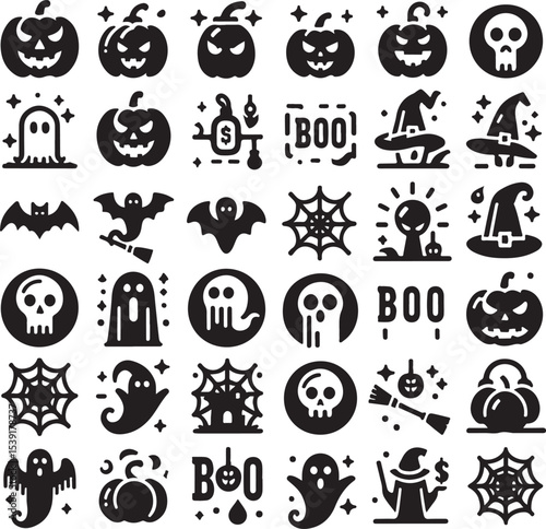 Halloween Icon Collection – Spooky Boo Vectors on B/W Background
