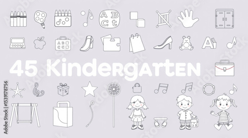 Illustration of kindergarten themed objects including art supplies, toys and musical instruments icons set created with generated ai