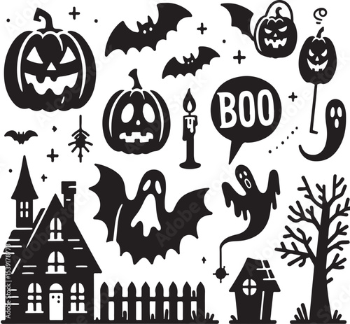 Happy Halloween Boo Vector Icons – Black and White Set
