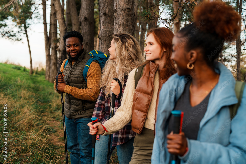 Fototapeta premium Four friends hiking in a forest, wearing casual outdoor clothing and carrying trekking poles. They are walking in a line along a grassy path surrounded by trees.