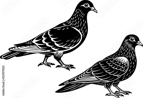 A pigeon in walking stance, isolated on a white background. Pigeon birds set. Doves in different poses isolated on white background.