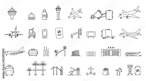 Line art illustration showcasing various airport related icons and symbols in black and white style created with generated ai
