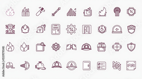 Line art depiction of firefighting icons including flames, helmets, equipment and safety symbols in outline style created with generated ai