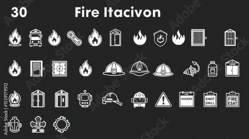 Illustration of fire safety icons including flames, helmets, doors, and warning signs in white on black created with generated ai