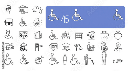 Collection of outline icons representing various concepts including accessibility and human activities created with generated ai