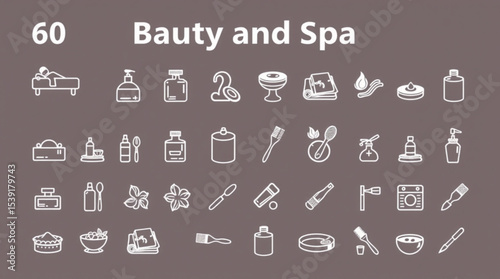 Illustration of beauty and spa icons including skincare products, massage, and aromatherapy on gray background created with generated ai