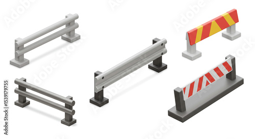 Isometric illustration of five different road barriers with varying designs and color schemes on white background