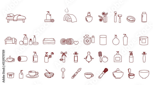 Illustration of various spa and wellness items including massage beds, lotions, and bath accessories shown created with generated ai