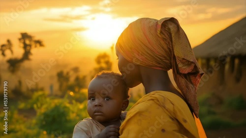 An African woman in vibrant traditional clothing embraces her baby as they stand against a breathtaking sunset in a serene rural setting.