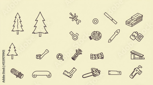 Illustration of woodworking tools and trees including a chainsaw, lumber, and a level in line art created with generated ai
