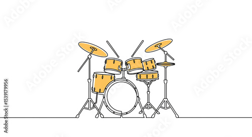 A continuous line drawing of a drum set with cymbals and drumsticks on a white background art design