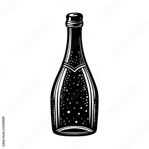 Elegant black and white champagne bottle illustration for celebration, party, and special occasion design needs