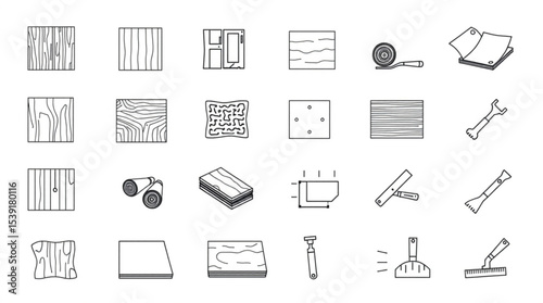 Collection of woodworking materials and tools with various textures and equipment shown in black outline created with generated ai