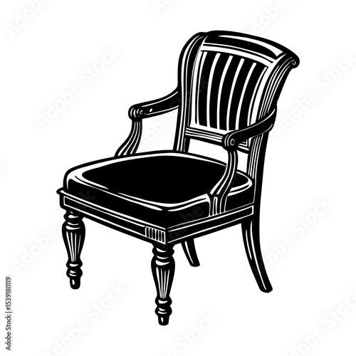 Illustration of antique armchair furniture design, vintage seat with armrests and decorative legs style