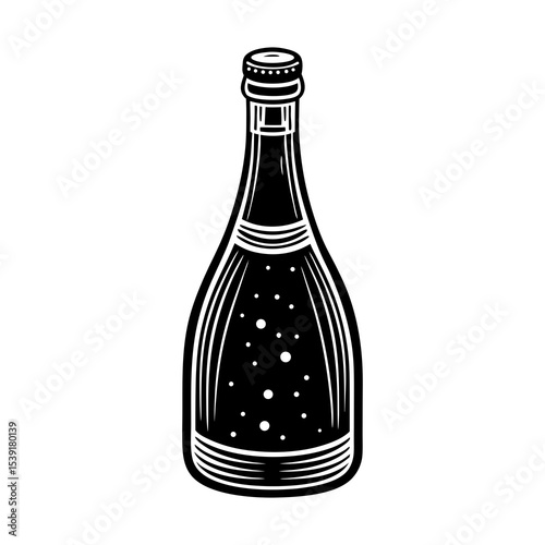Downloadable black and white champagne bottle vector illustration for graphic design projects use, art