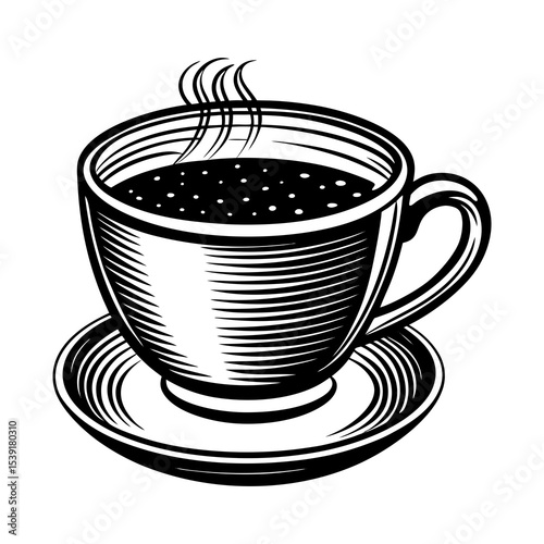 Engraved coffee cup vector illustration for cafe menu design and hot drink related graphic elements