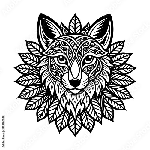 Detailed fox head illustration with intricate patterns and leaf elements vector design artwork