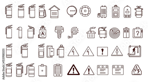 Assortment of fire safety equipment and hazard warning signs presented in a line art style drawing created with generated ai