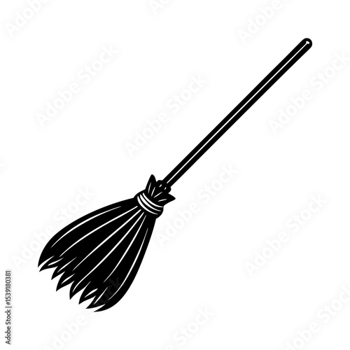 Vector graphic of a black broomstick for cleaning, halloween, witch, and domestic housework design element