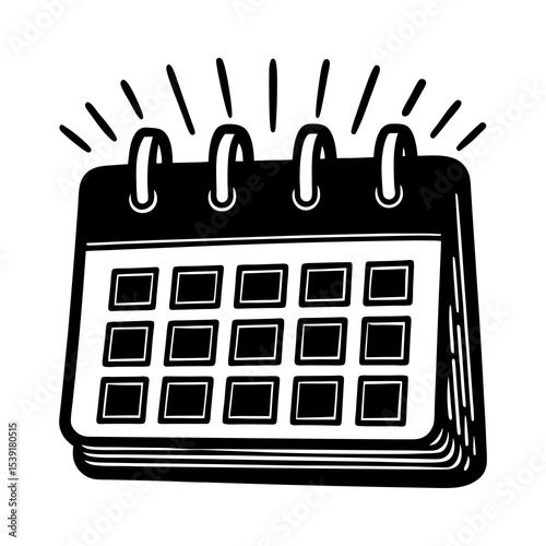 Black and white calendar icon vector illustration for event planning, reminder, and schedule management tool