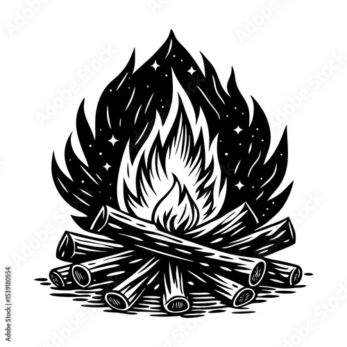Explore campfire vector art: illustration of burning logs with flames for camping and outdoor design