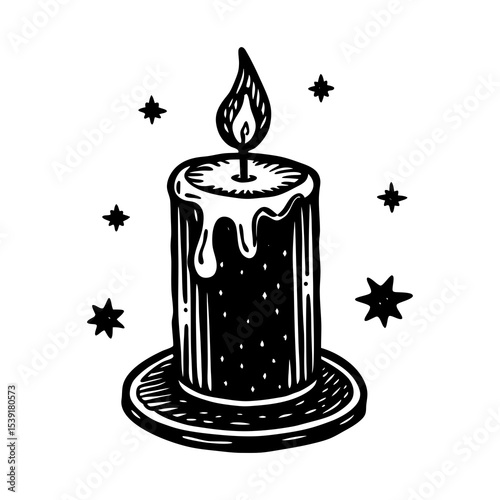Vintage candle illustration with flame and stars, aesthetic candle drawing for decoration design art