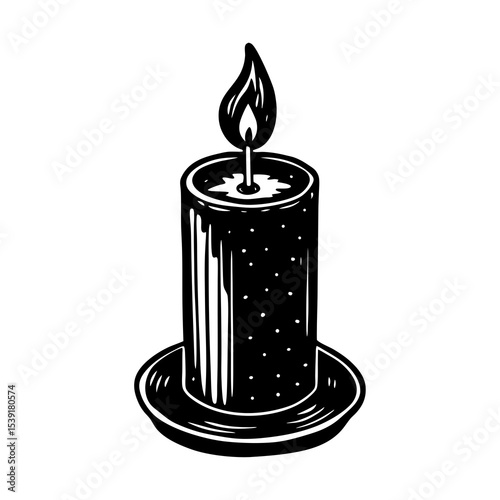 Vintage style candle vector illustration, decorative wax candle with flame, black and white drawing