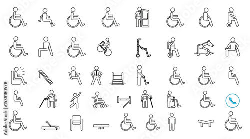 Outline icons depicting people with disabilities and mobility aids in various situations and postures created with generated ai