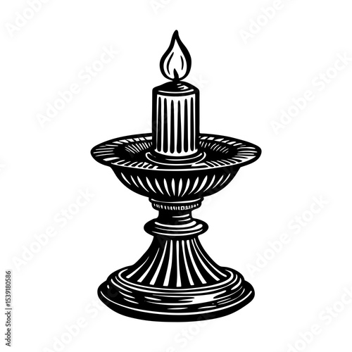 Vintage candlestick with burning candle illustration, antique candle holder graphic element design vector