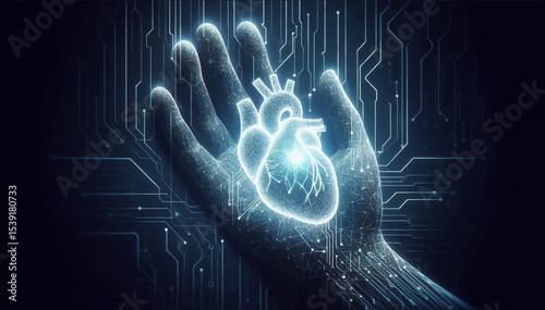 A digital hand holding a digital heart in virtual space as a symbol of gaining self-awareness and self-control from AI on a black background. Vector graphics. EPS.