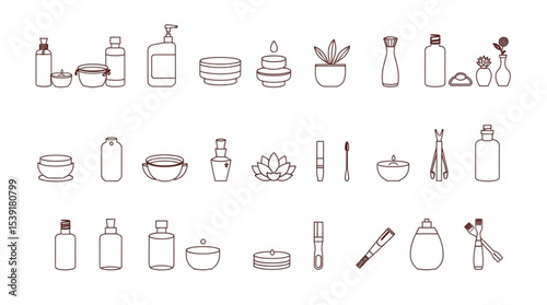 Outline drawing of various spa and beauty products including bottles and plant in brown color 100 created with generated ai