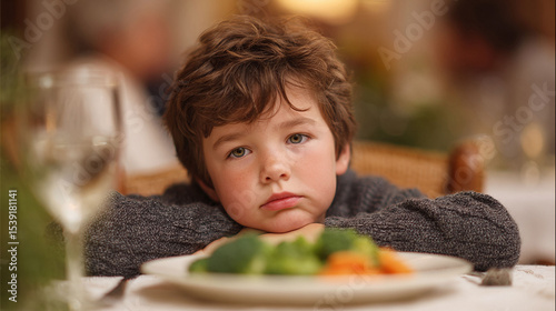 Unhappy young boy with vegetables on a plate at the table. Perfect for depicting childhood, reluctance, health issues, or family moments. Warm, natural light.