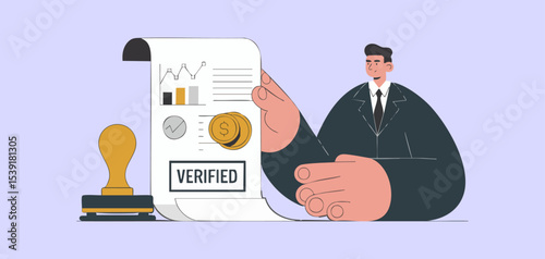 financial auditor holding verified report with stamp, vector illustration for financial compliance, reporting standards, audit verification and regulatory adherence