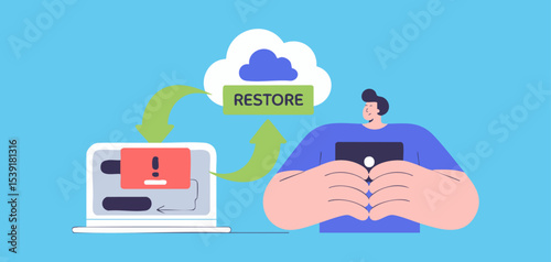 it support restoring data from cloud to crashed laptop, vector illustration for disaster recovery, cloud backup solutions, data restoration and business continuity planning
