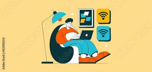 freelancer working on laptop in comfortable beanbag chair with wi-fi access, vector illustration for flexible workspace, modern amenities, remote work lifestyle and digital nomad productivity