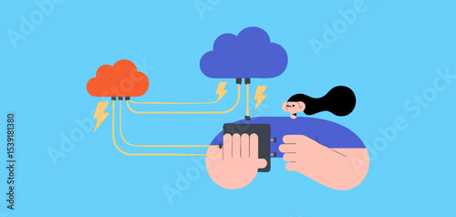 user holding device connected to distributed cloud networks with fast connections, vector illustration for edge computing, low-latency networks, data processing and iot infrastructure
