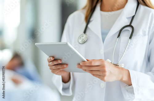 Healthcare professional using a digital tablet. Doctor in lab coat with stethoscope reviewing patient data. Modern medical technology in practice.