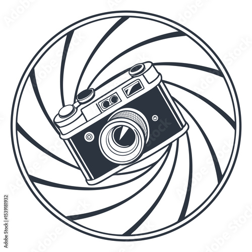 Minimalist camera logo swirl aperture vintage lens vector