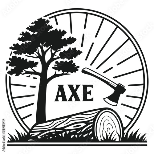 Classic woodcutting logo tree stump axe design vector