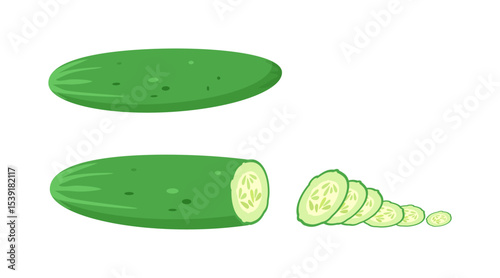 Illustration of Whole and Sliced Cucumbers on White Background