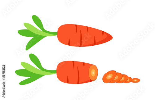 Two Carrots with Green Stems, One Sliced into Rounds on White Background Illustration