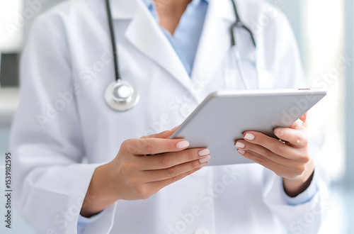 Wallpaper Mural Healthcare professional using a digital tablet. Doctor in lab coat with stethoscope reviewing patient data. Modern medical technology in practice. Torontodigital.ca