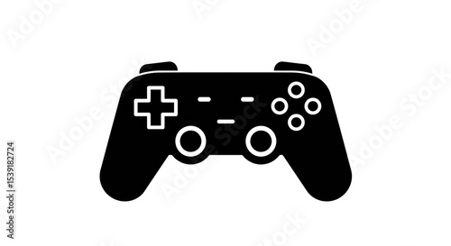 A black silhouette of a video game controller with a white background in a simple vector style