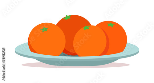 Four Oranges on a Plate, Fresh Citrus Fruits, Healthy Food, Illustration