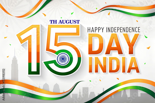 Minimalistic 15 August Independence Day India poster with city skyline, Ashoka Chakra, and clean tricolor design in white and orange-green theme
